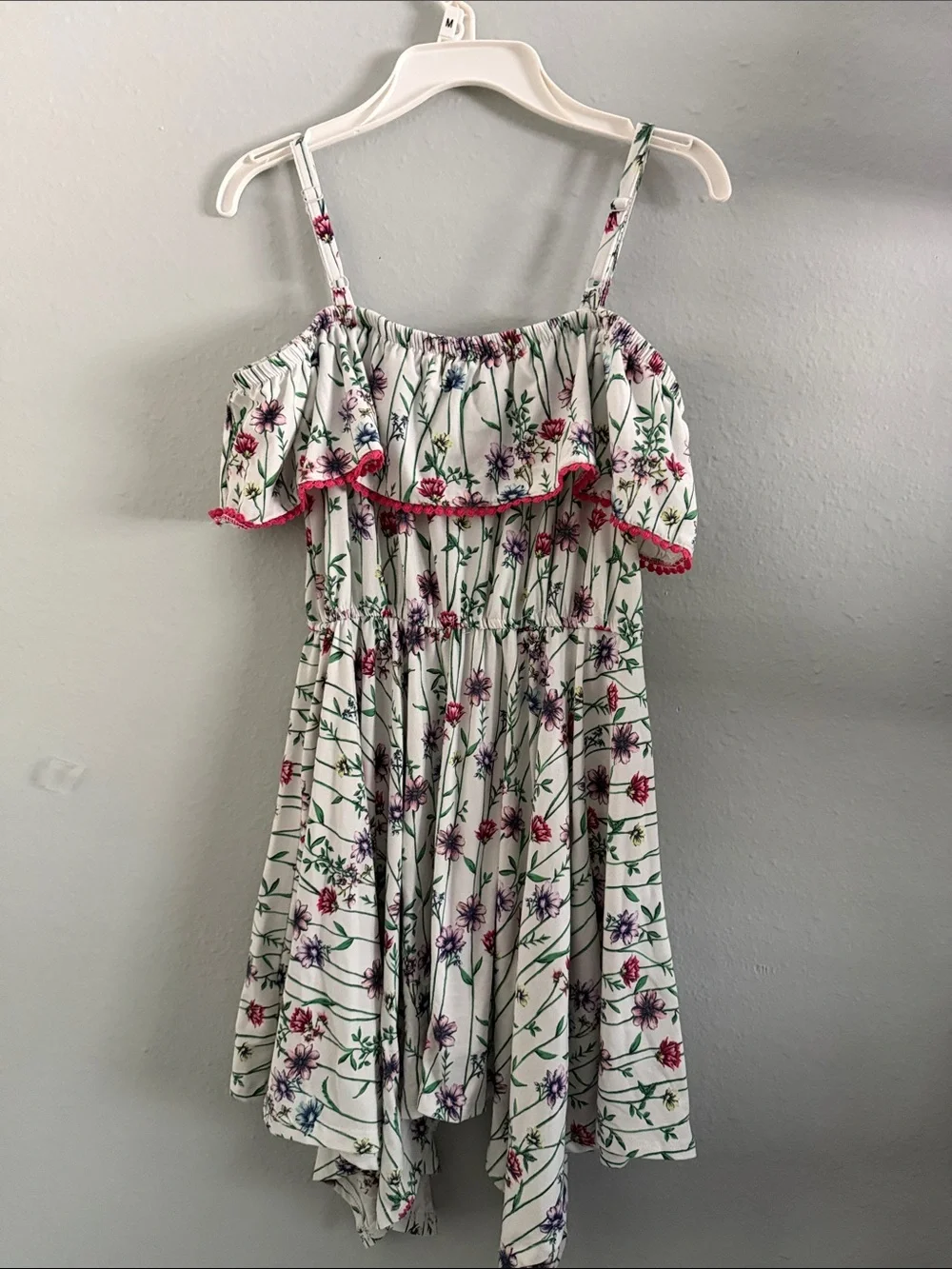 BCBGirls White Floral Off-Shoulder Dress with Pink Trim